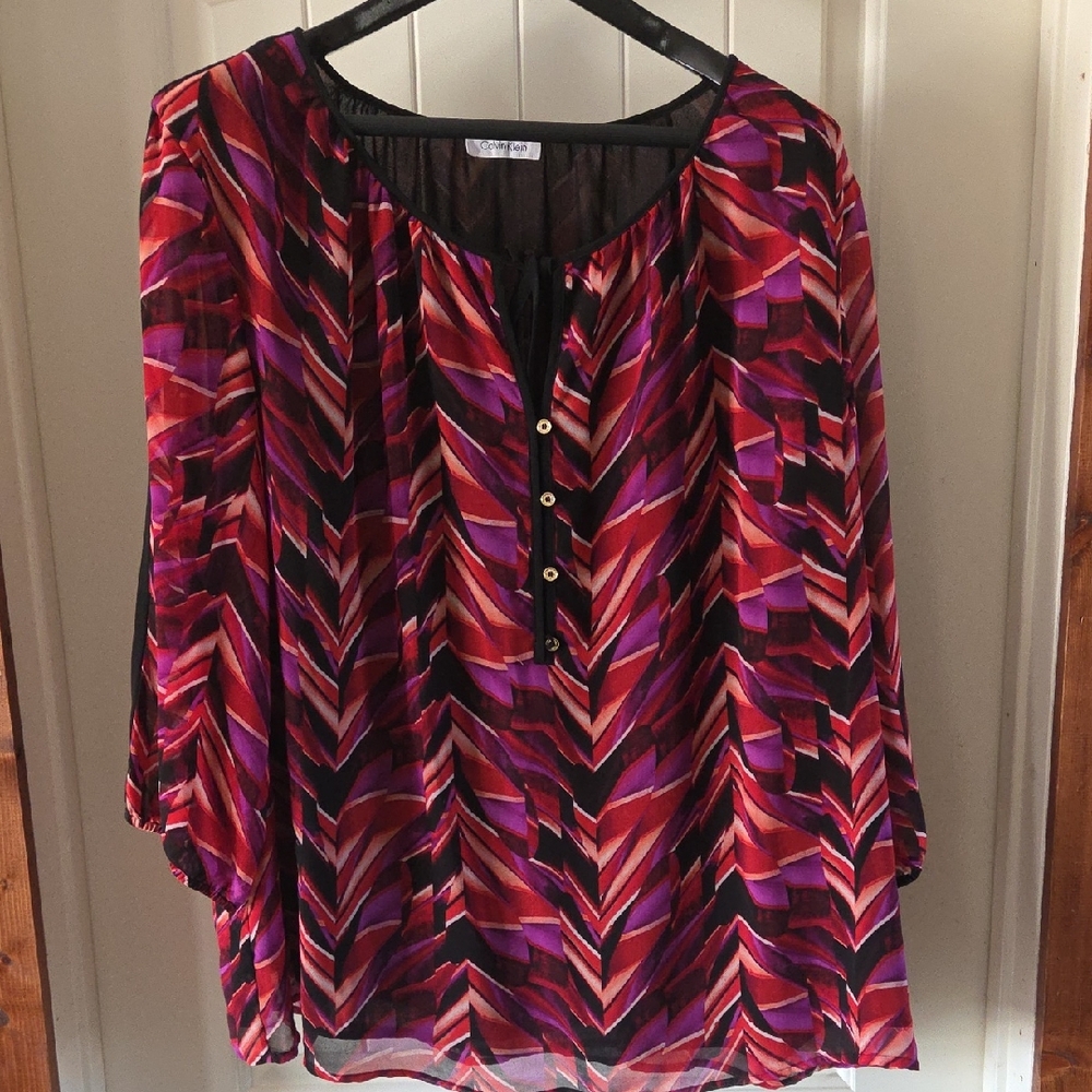 Calvin Klein Red and Purple Chevron Blouse